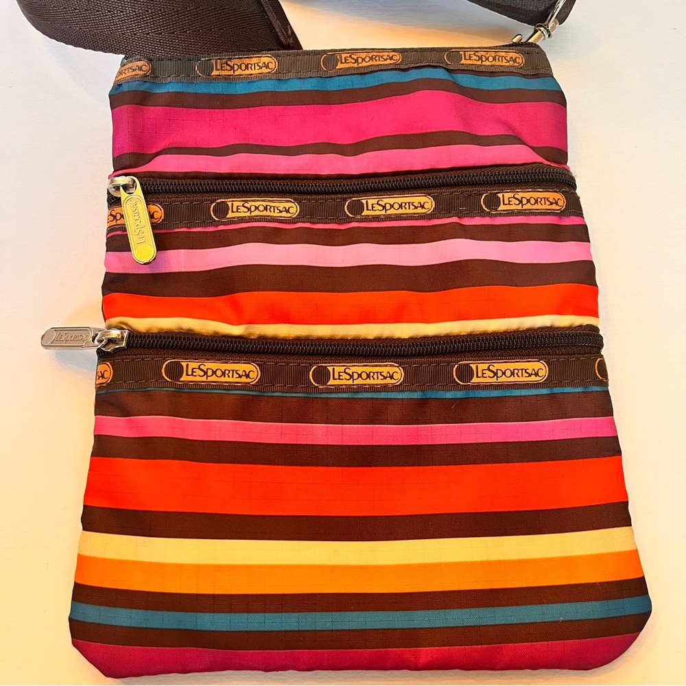 Colorful Rainbow Striped LeSportsac Cross Body bag adjustable strap, 3 sections.